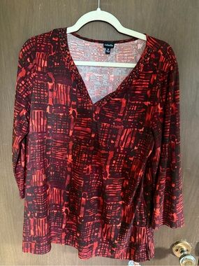 Rafaella Red and Black Printed V-Neck Long Sleeve Top